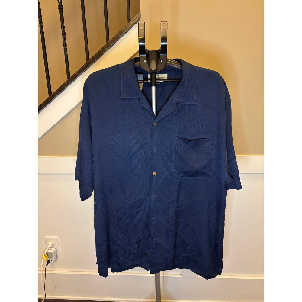 Tommy Bahama Mens XL Silk Navy Blue Tropical Leaf Jacquard Camp Shirt